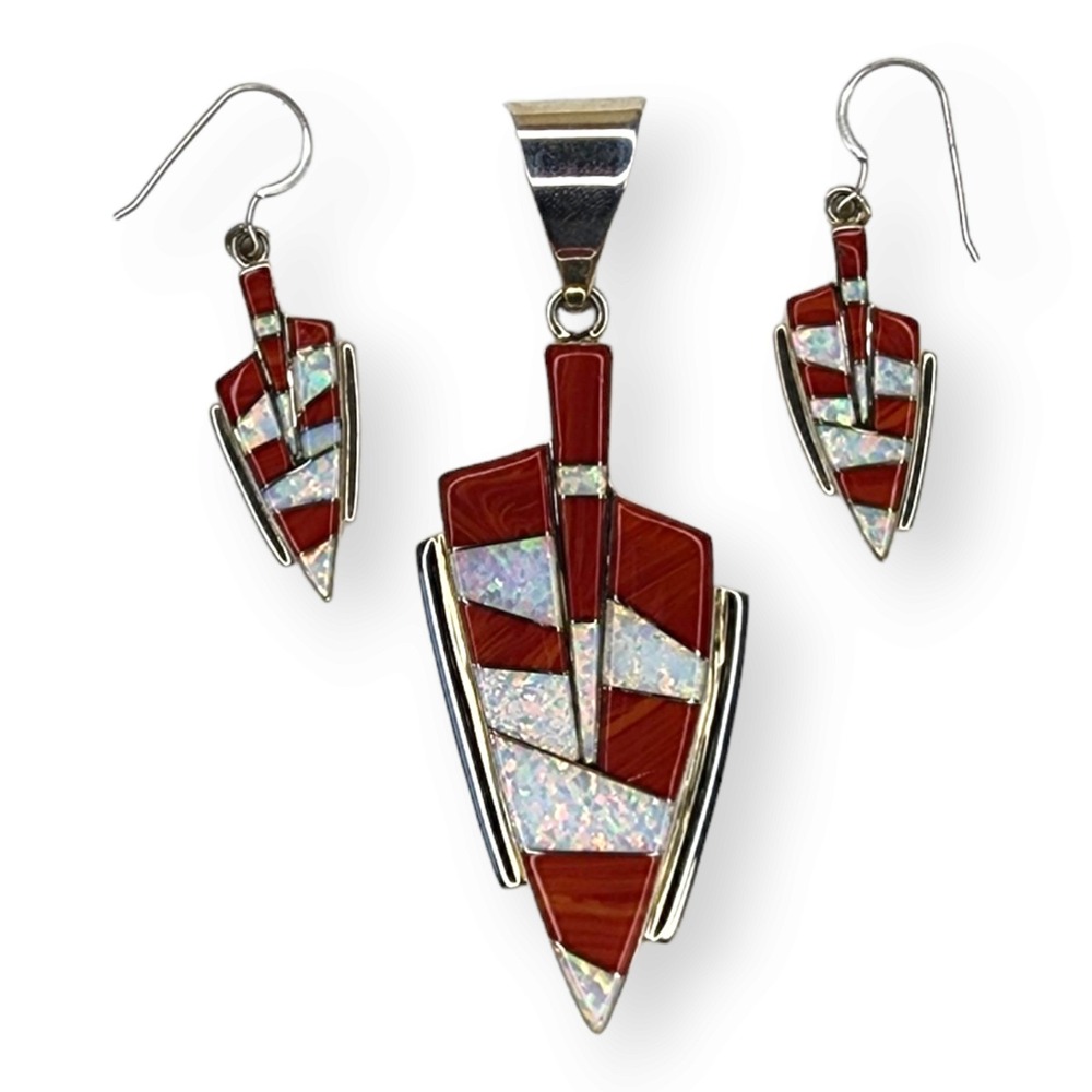 Southwestern Sterling Silver 925 Synthetic Opal Spiny Oyster Pendant Earring Set